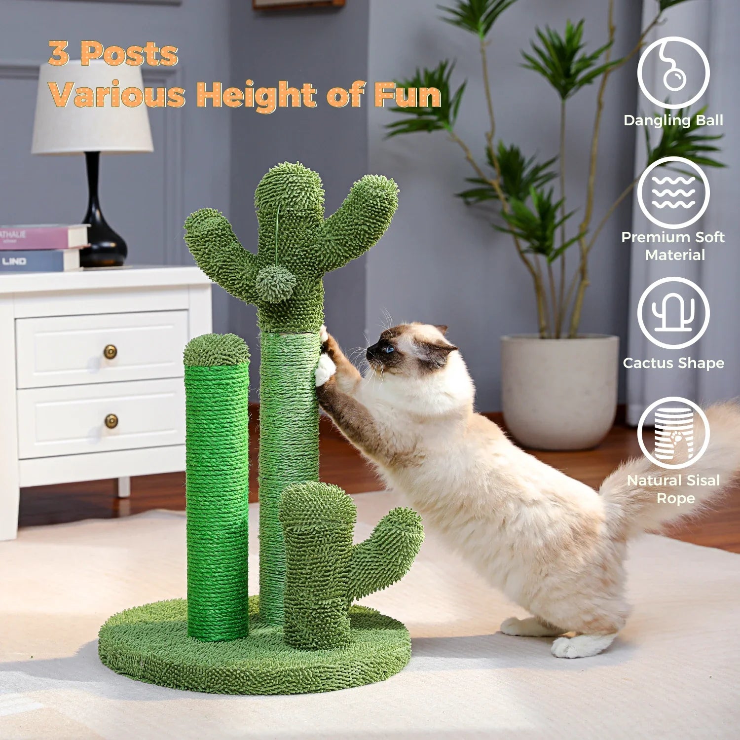 Cactus Cat Scratching Post with 3 Poles and Interactive Dangling Ball-My Little Pet