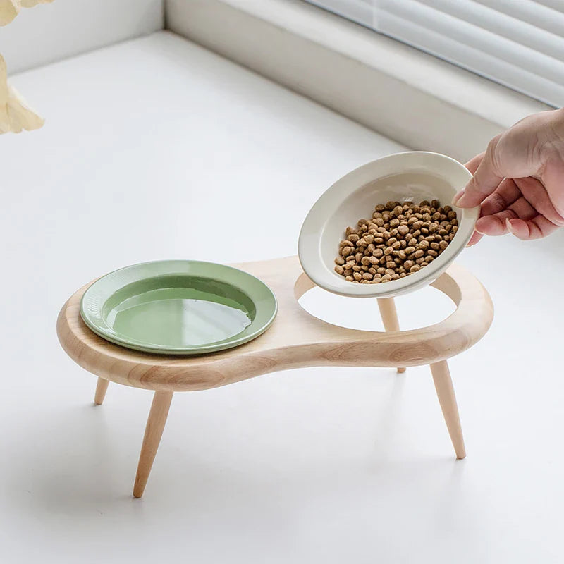 Elevated Double Ceramic Pet Bowls with Wooden Stand-My Little Pet