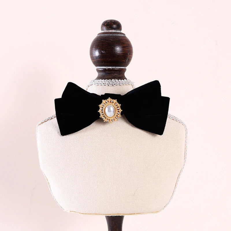 Elegant Velvet Cat Collar with Pearl and Bowknot-My Little Pet