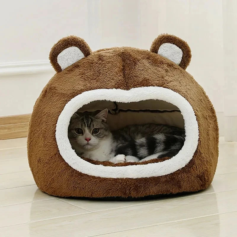 Adorable Bear-Shaped Plush Cat Cave Bed-My Little Pet