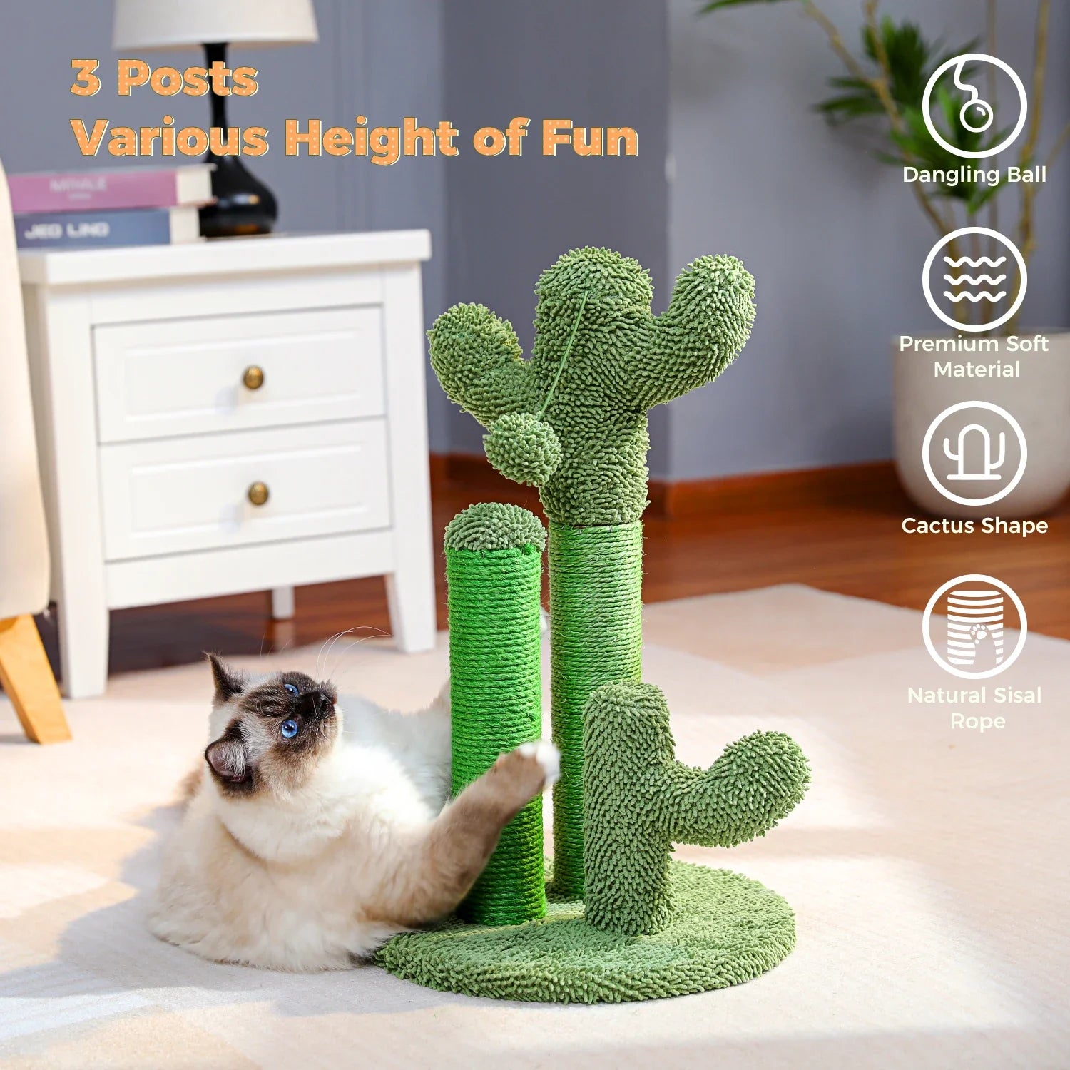 Cactus Cat Scratching Post with 3 Poles and Interactive Dangling Ball-My Little Pet